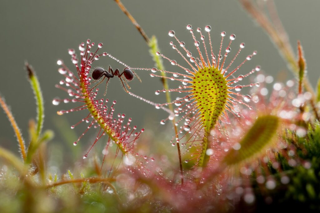 Close realista de uma planta carnívora Drosera capturando um inseto com seus tentáculos pegajosos, com presença de fungos auxiliando na decomposição.