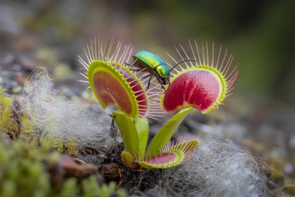 Close-up realista de uma planta carnívora, como Drosera capturando um inseto, com filamentos ou esporos de fungos visíveis na superfície pegajosa, em fundo natural desfocado.
