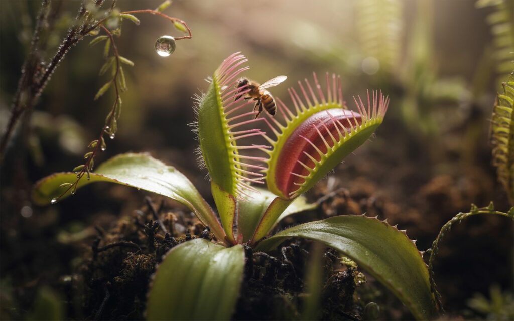 Close realista de uma planta carnívora Dionaea muscipula capturando um inseto com suas folhas em formato de armadilha, mostrando os pelos sensíveis e bordas espinhosas em destaque, com fundo natural desfocado e cores vibrantes em verde e vermelho.
